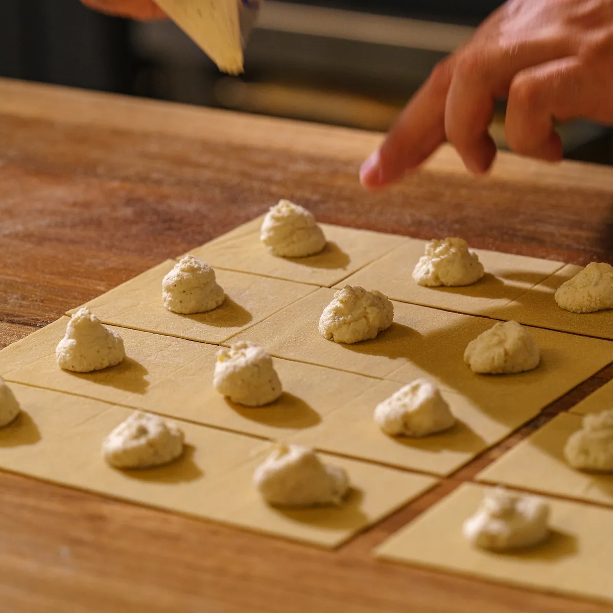 Porciones de ricotta sobre la masa al huevo